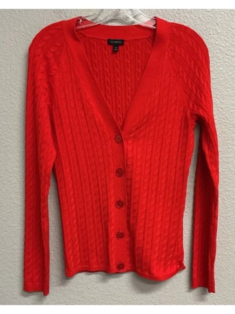 Talbots Womens Cable Knit Button Up Cardigan Sweater Size Medium Red Cotton